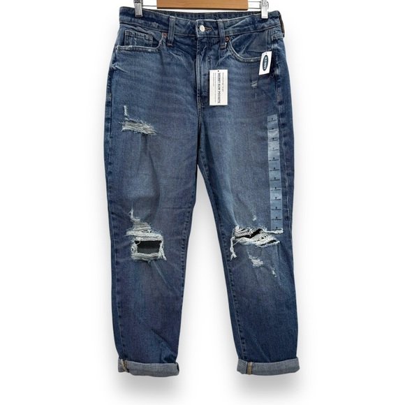 Old Navy O.G. Straight Leg High Rise Distressed Rolled Hem Cropped Jeans Sz 8 - Picture 1 of 10